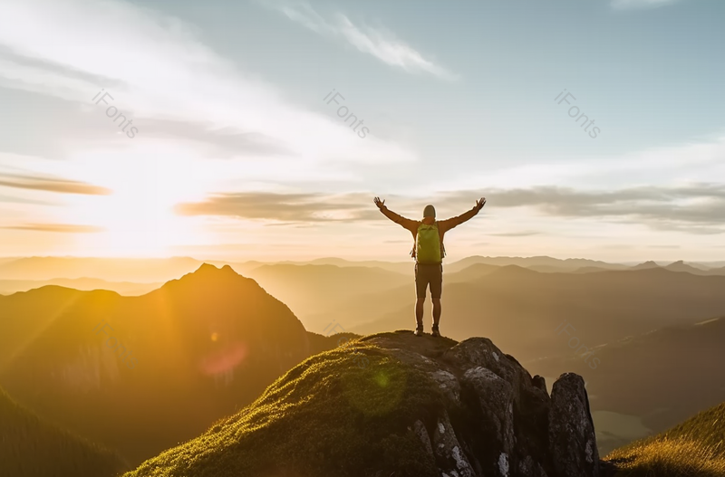 清晨日出太阳徒步旅行者到达顶峰举起手臂欢呼摄影背景,高清,摄影图,摄影图片,图片大全,摄影图免费下载